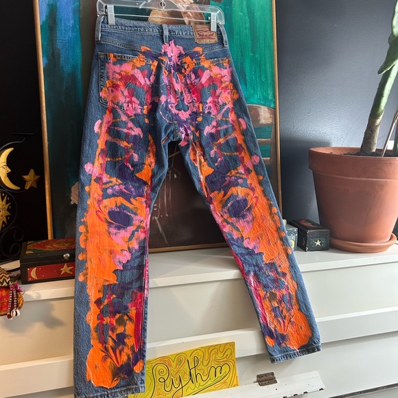 Levi's 501’s Blue and Pink Painted Artistic Straight Leg Jeans W26" X L28" - Picture 13 of 16